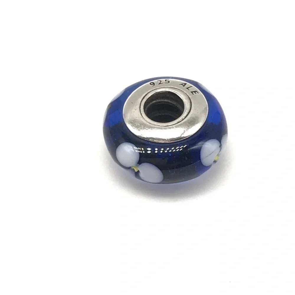 Pandora Blue White Floral Murano Glass Charm